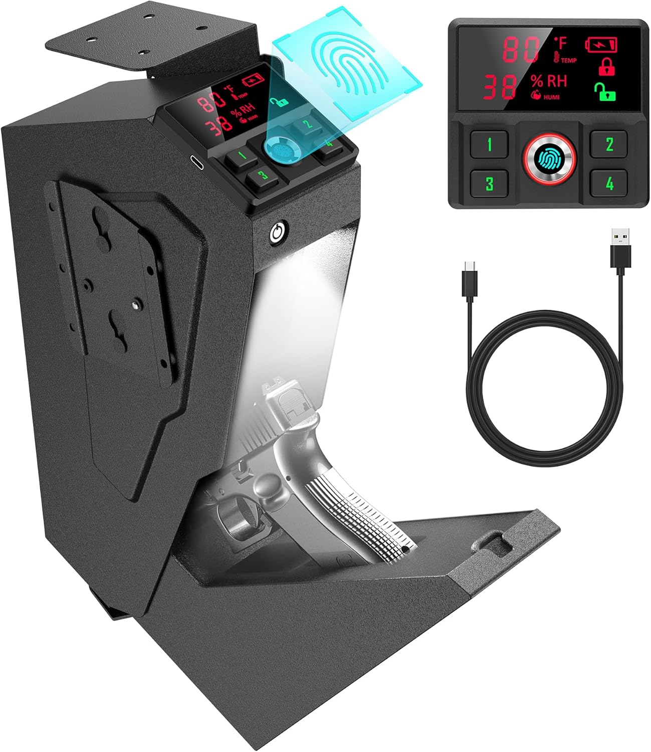 Handgun Safe - Quick-Access Mounted Nightstand Pistol Safe with Biometric Lock | Auto Open Lid, Secure Storage