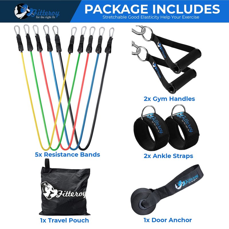 Fitteroy Home Gym Workout Bands - Resistance Band Weight Set Includes 5 Stackable Tension Bands, Premium Exercise Handles, Ankle Straps, Door Anchor and Carry Bag for Exercise & Physical Therapy