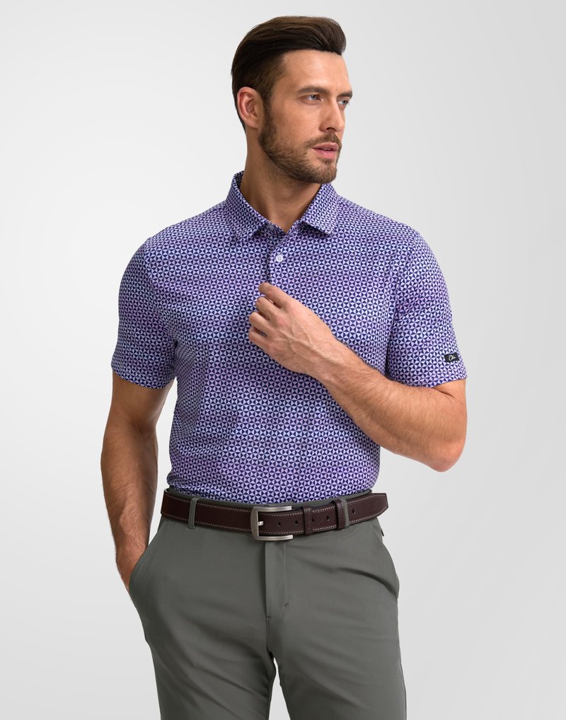 Obla Mens Golf Polo Shirts Short Sleeve Dry Fit Performance Moisture Wicking Casual Print Collared Golf Shirts for Men(Purple Square_XXXL)