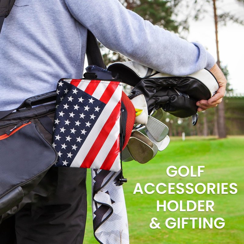 Amy Sport Golf Bag Accessories Valuables Pouch Bags Multi Pocket Zipper Hook with 10 Pcs Wood Golf Tees for Men Women (USA Flag)