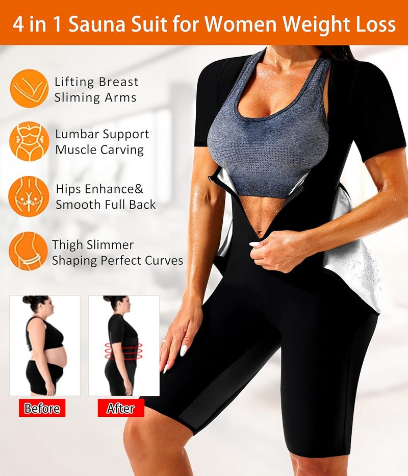 Sauna Suit for Women - 4-in-1 Slimming Full Body Jumpsuit | Waist Trainer Vest for Enhanced Workout
