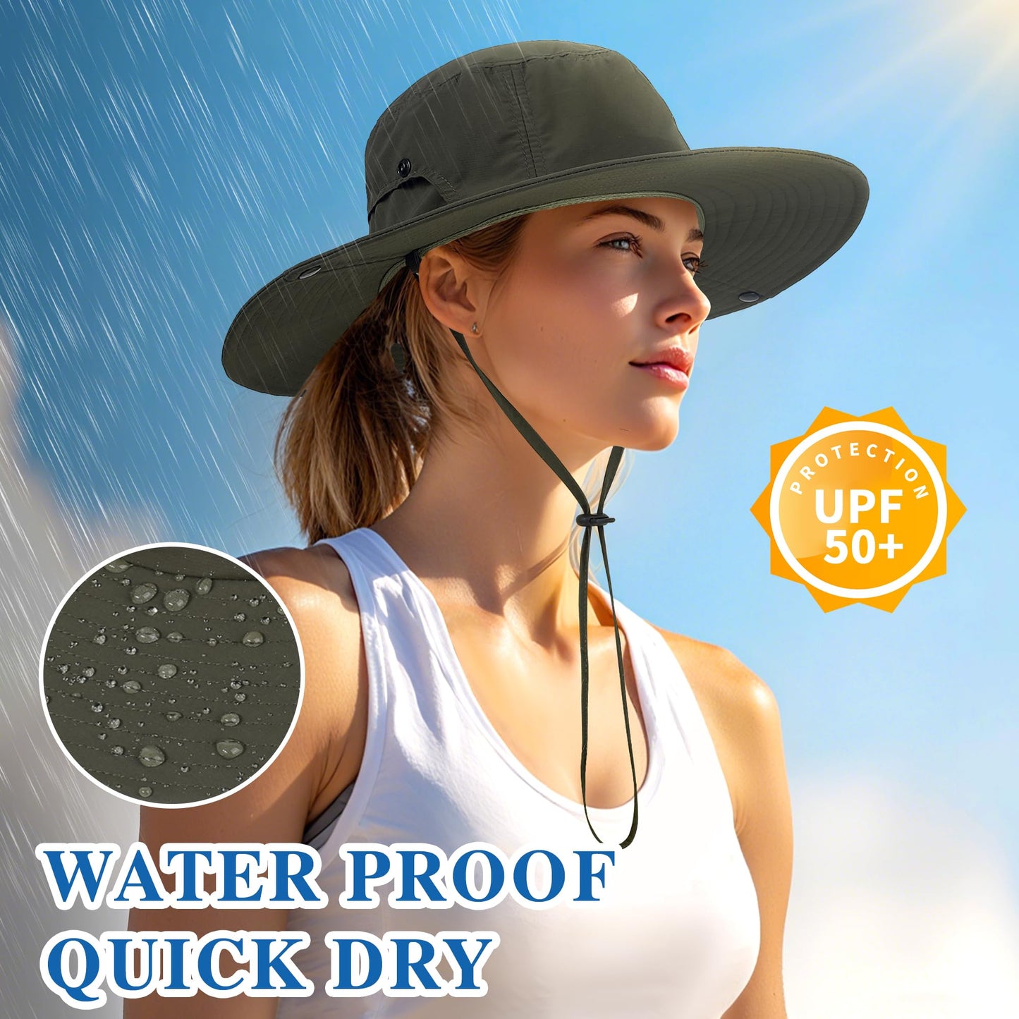 NTLWKR Wide Brim Sun Hats Waterproof Packable Bucket Hat UV Protection Summer Fishing Hat for Men and Women Army Green