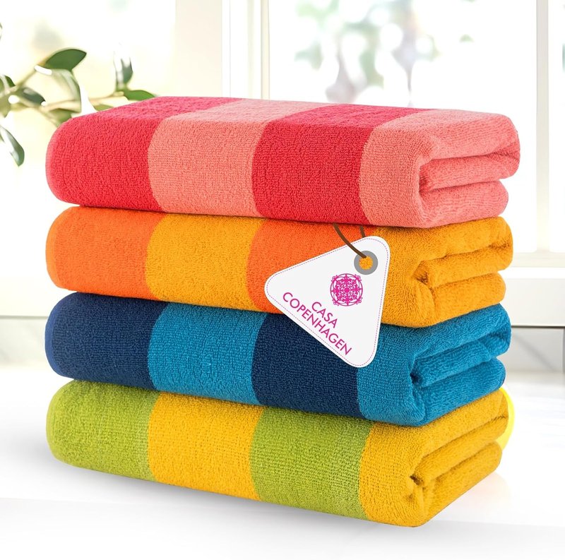 Malibu Beach Towel Set - 4 Oversized 100% Cotton Designer Stripe Towels | Orange, Blue, Pink, Green - Perfect Summer Gift