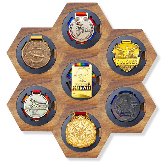 Medal Hanger Display - Honeycomb Design, Pine Wood Medal Holder for Athletes, Easy No-Drill Adhesive Mounting, Medal Holder Gift for Showcasing and Organizing Awards , Stylish Wall-Mounted Medal Rack