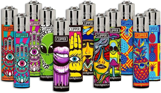Classic Large Reusable Lighter - Premium Refillable Butane Lighters | 12 Pack Assorted Designs