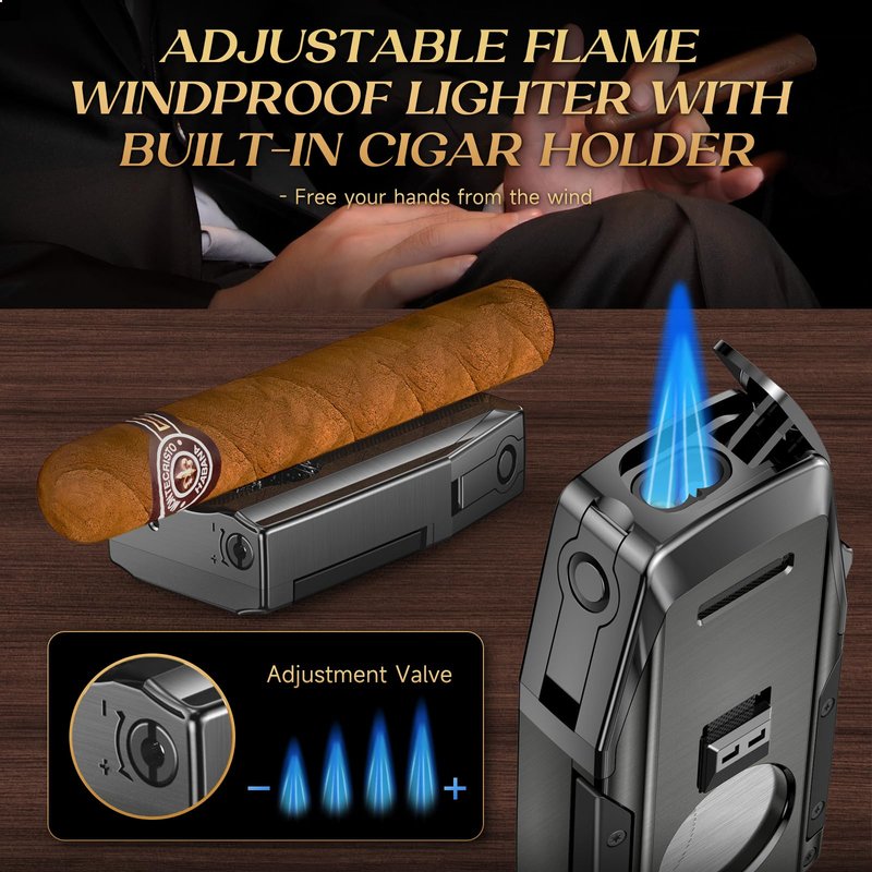 KEJIAR Cigar Lighter, Double Jet Torch Lighter, Built-in Punch, Double Edge Cigar Cutter and Holder, Refillable Butane Lighter, Ideal Cigar Accessories for Men Gift (Grey)