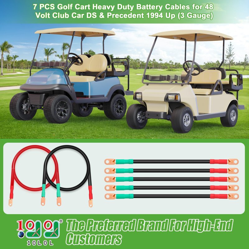 10L0L 3 Awg Golf Cart Battery Cables for 48 Volt Club Car DS & Precedent 1994 Up, 7 PCS Heavy Duty Pure Copper Golf Battery Wiring Cables, 14"+41" Long (3 Gauge)