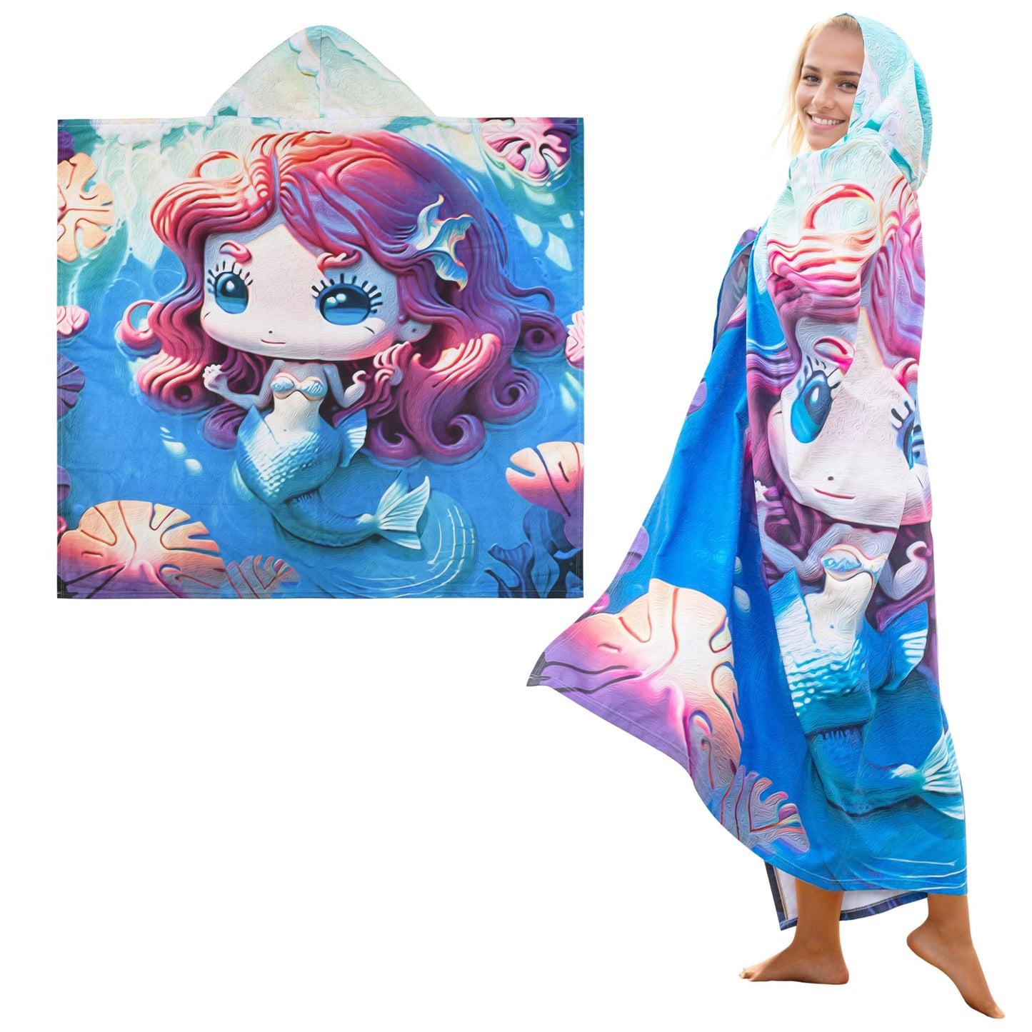 Tirrinia Lightweight Beach Poncho Towel with Hood for Adult Quick Dry Travel Surfer Pool Camping Beach Accessories Vacation Essential summer, Microfiber Sandproof Women Men Adult Gift Mermaid