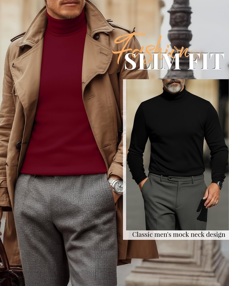 Ficerd 3 Pack Men's Turtleneck Shirts, Long Sleeve Cotton Pullover Sweaters Mock Neck Knitted T Shirt Basic Slim Fit Tee Tops (Black, Apricot, Red,Small)