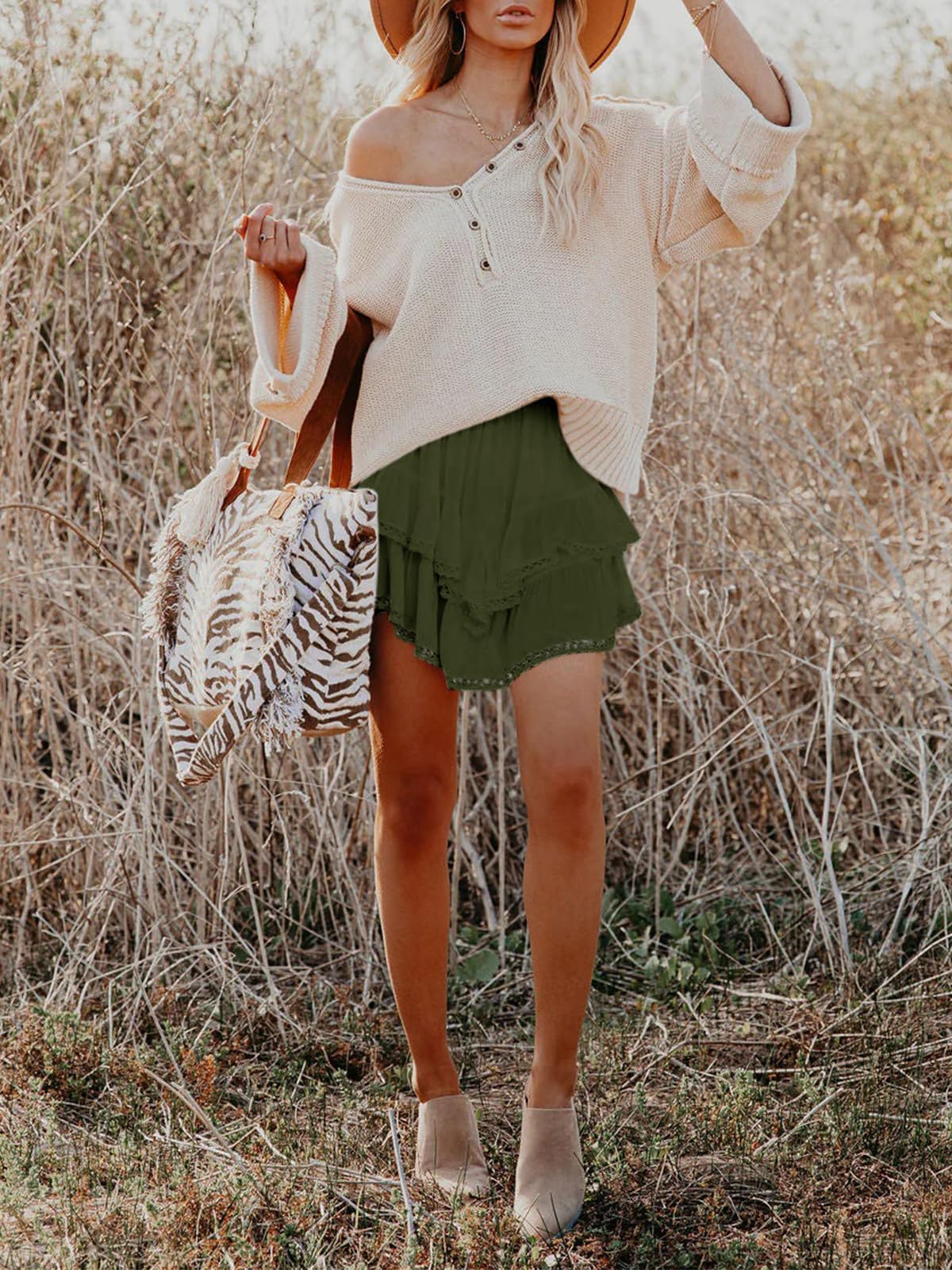 Aoudery Flowy Shorts for Women Casual Boho Ruffle Tiered Skorts High Waist Mini Skirts Golf Tennis Butterfly Crochet Shorts - Oliver Green XS
