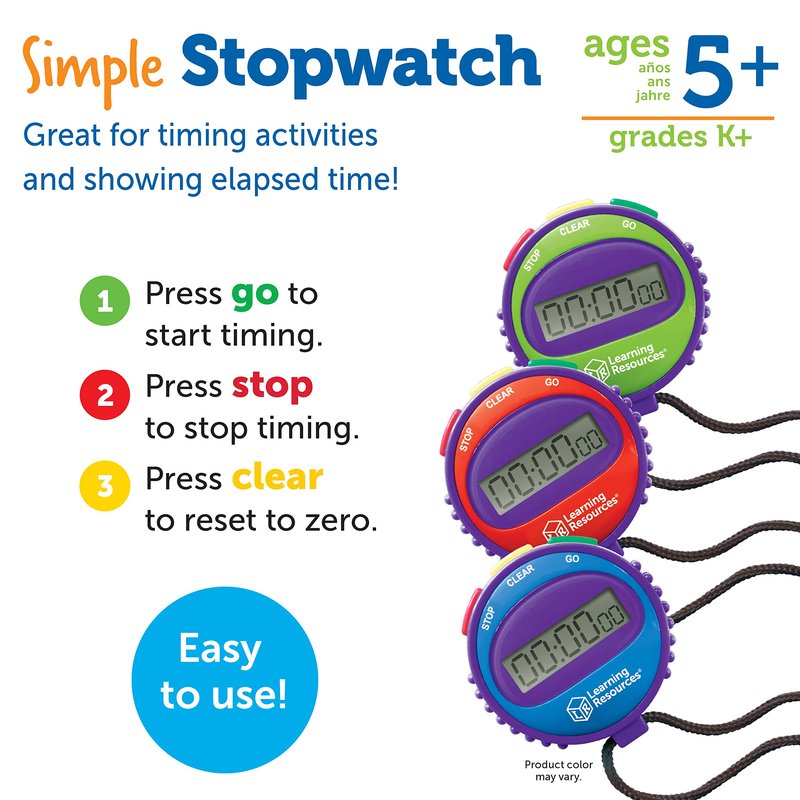 Learning Resources Simple 3 Button Stopwatch, Supports Science Investigations, Timed Math Exercises, Elapsed Time Tracking, Ages 5+