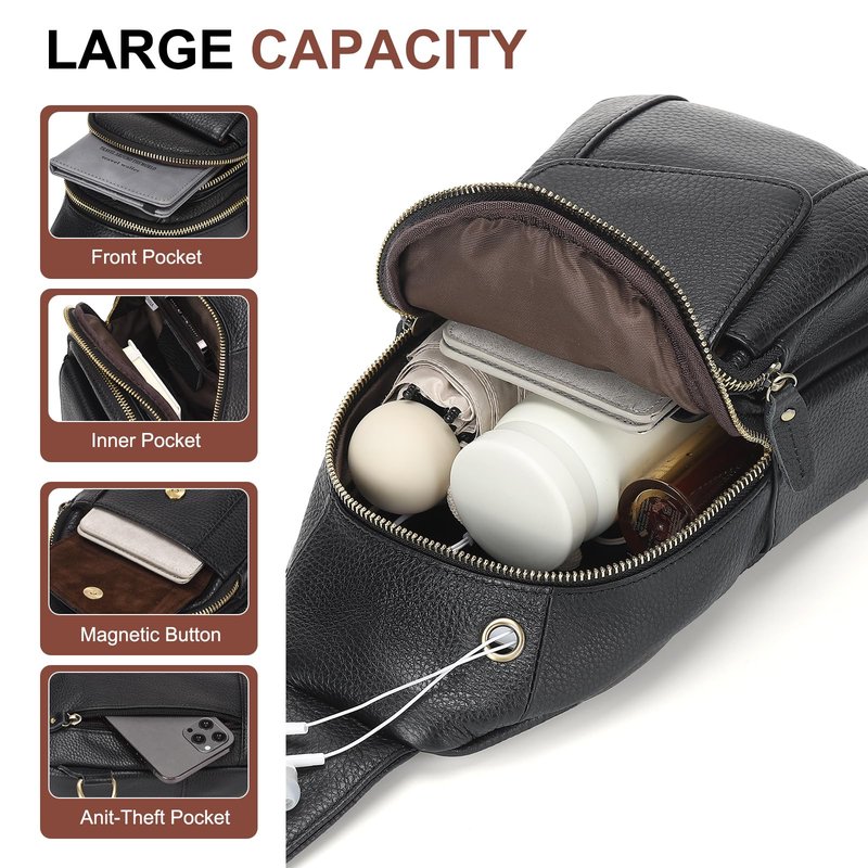SUIKIHUM Full-Grain Leather Crossbody Bags for Men Women, Genuine Leather Sling Bag, Trendy Casual Chest Bag, Black