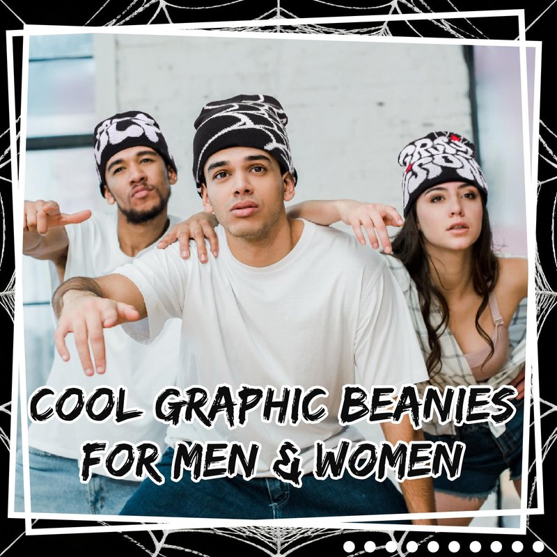 6 Pcs Y2K Knitted Beanies Spider Web Star Letters Pattern Beanie Cross Graphics Knitted Hat Casual Streetwear Outdoor Sports Trend Beanie for Men Women Black