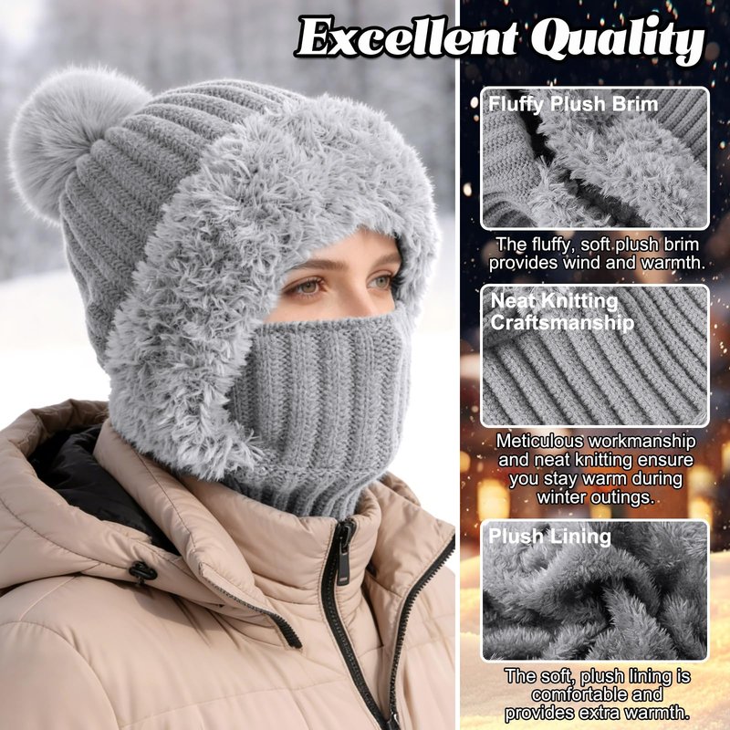 3 in 1 Beanie Hat for Women,Upgrade Cold Resistant Beanie Hat,Winter Warm Knitted Balaclava Scarf with Face Cover,Wind-Proof for Autumn and Winter(Black)