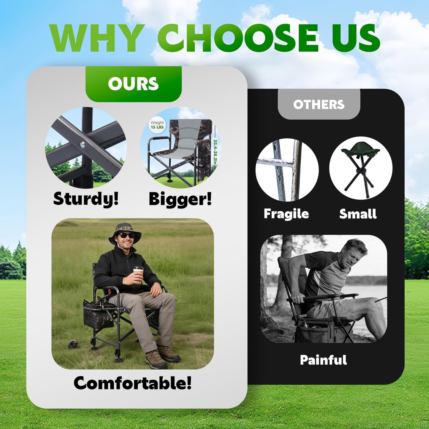 FUNHORUN Fishing Chair with Rod Holder, Folding Heavy Duty Ice Fishing Camping Chair with Liftable Cooler Bag, Cup Holder, Adjustable Legs