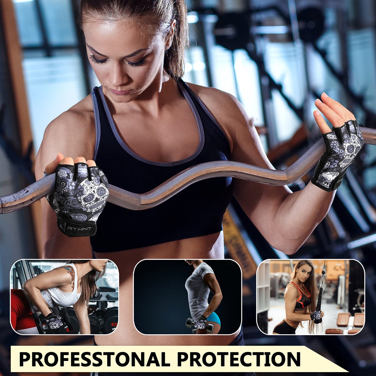 ZEROFIRE Workout Gloves for Women Men - Weight Lifting Gloves with Full Palm Protection & Extra Grip for Women Gym, Weightlifting, Weight Lift, Rowing, Exercise, Sport, Cycling.Skull BK-Large