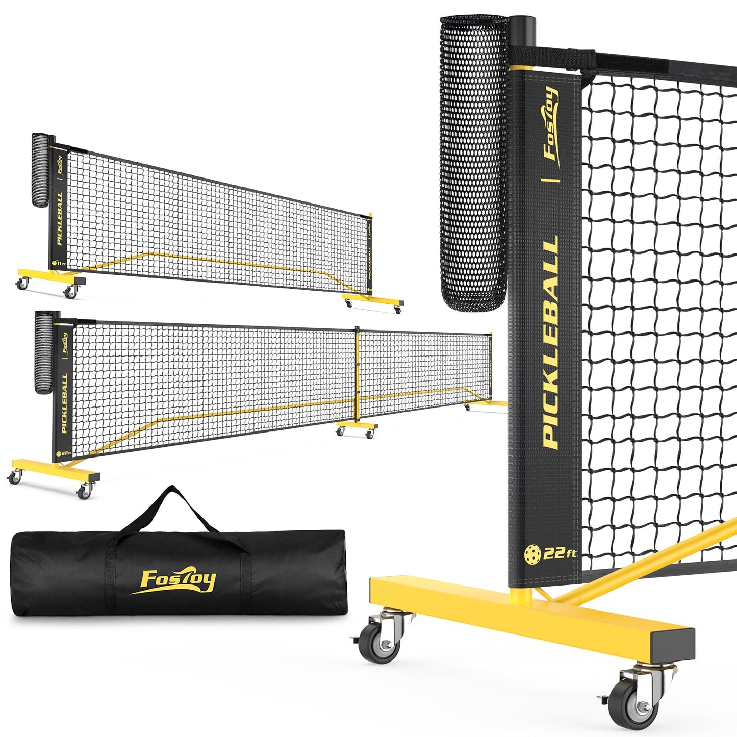 Pickleball Net with Wheels, Portable 2-in-1 Pickle Ball Net with Ball Collector,22FT Regulation Size & 11FT Half Court Size, Carry Bag, Steady Metal Frame for Outdoor Indoor Driveway (Black&Yellow)