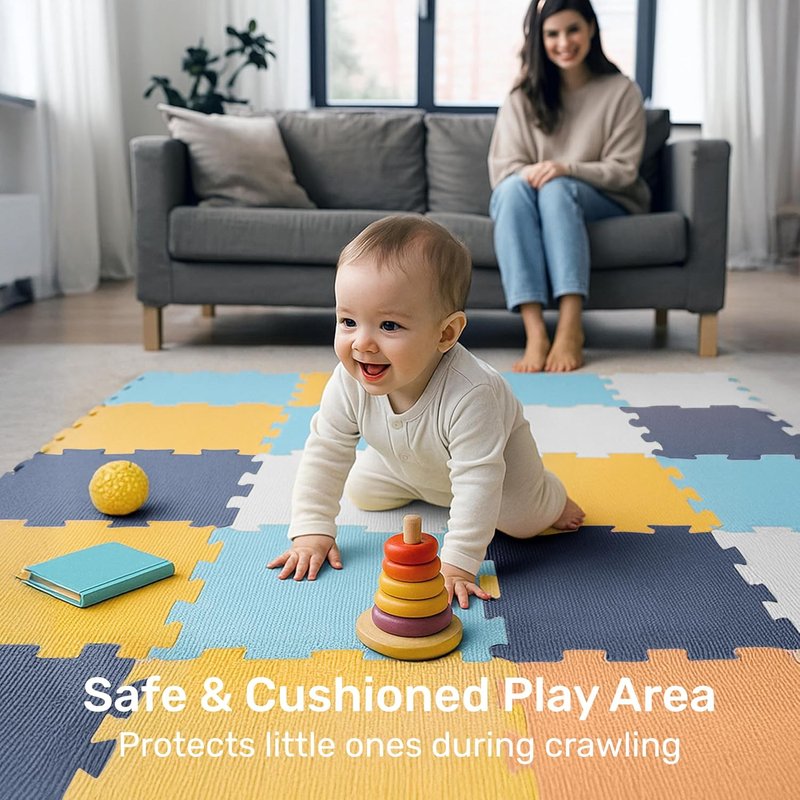 Baby Play Mat for Floor - Non-Toxic Interlocking EVA Foam Mats | 16 Pcs Cushioned Puzzle Mat (12" x 12")