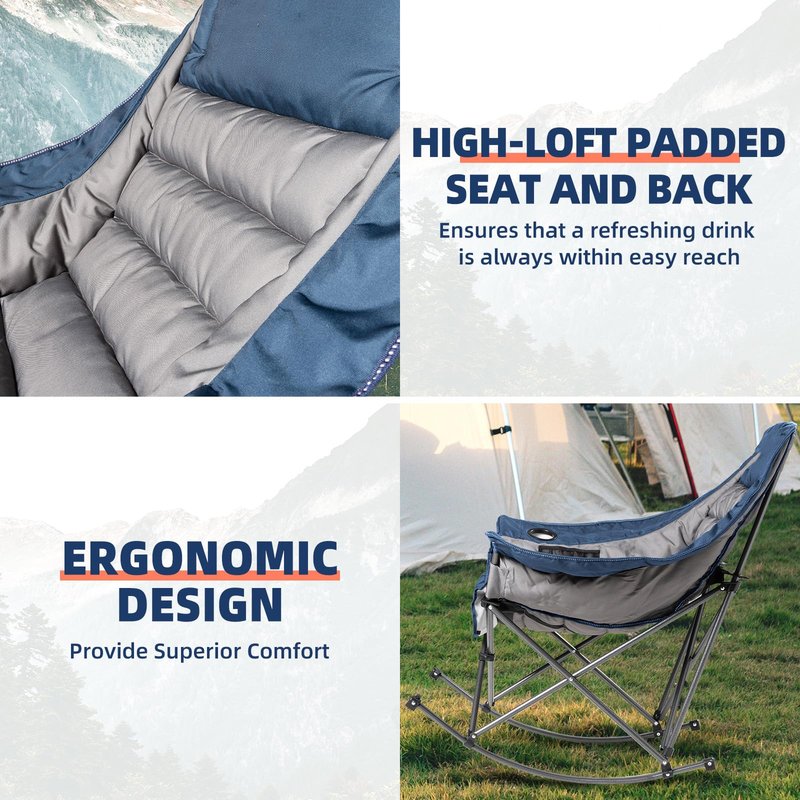 Foristrail Oversized Rocking Camping Chair for Adults - 400lbs Capacity Padded Camp Chair with Cup Holder, Portable Foldable Outdoor Rocker Chair for Camping, Backyard (Blue & Dark Gray, 1 PCS)