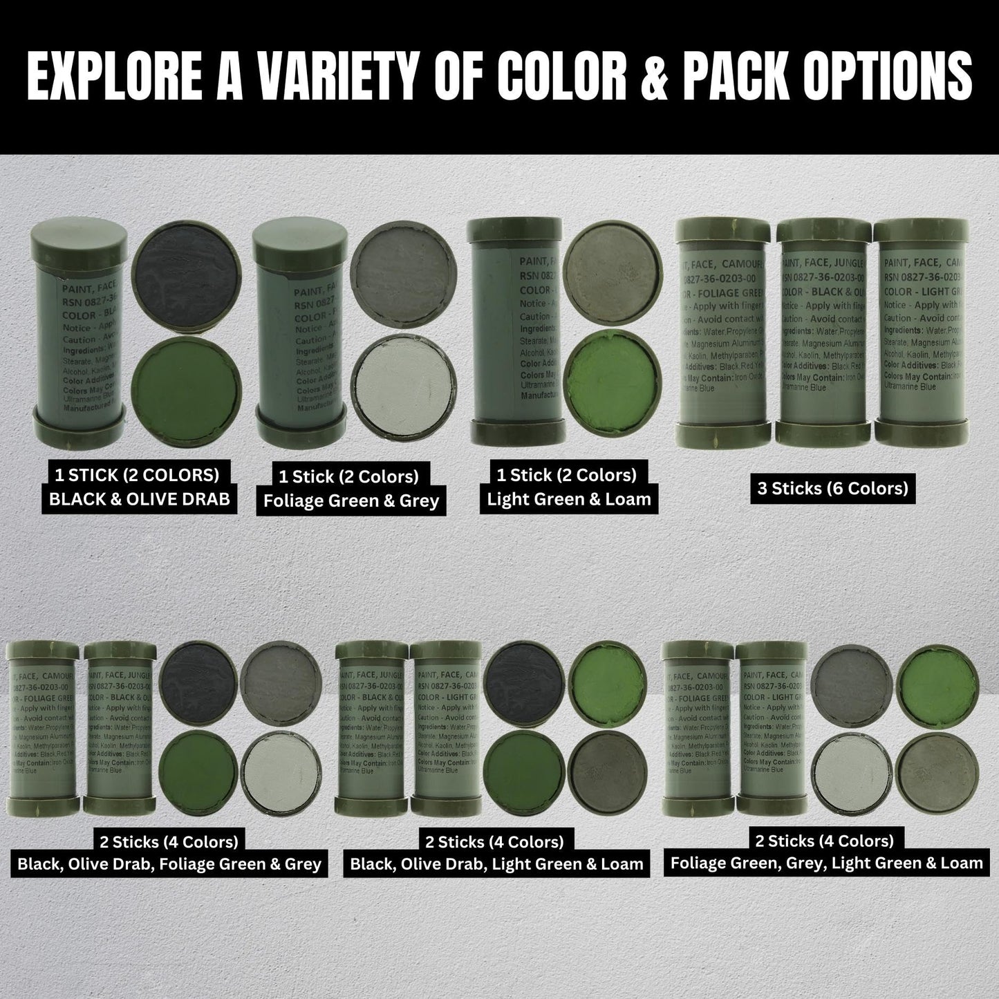 Camo Face Paint, NATO Camouflage Military Makeup Paint Sticks (Black & Olive Drab - 1 Stick - 2 Colors)