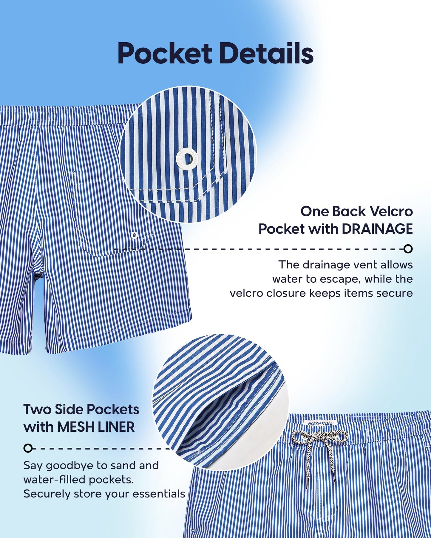 maamgic Mens Swim Trunks 5 Inch with Mesh Lining, Quick Dry Mens Bathing Suit, Swim Shorts for Swimming and Beach, Large Blue Stripe