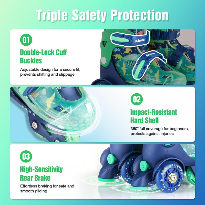 Kids Roller Skates for Beginners - ZOOBLISS Toddler Roller Skates for Boys Ages 3-7 with Light-Up Wheels & 4 Adjustable Sizes, Tri-Wheel Training Skates for Kids (Dino Blue)