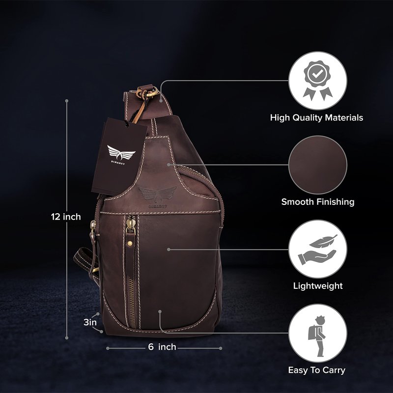 Dimarcy Leather Cross-body Sling Bag Casual Daypack Backpack Chest Shoulder Multi-Purpose Timeless Design Small Men (Dark Brown)