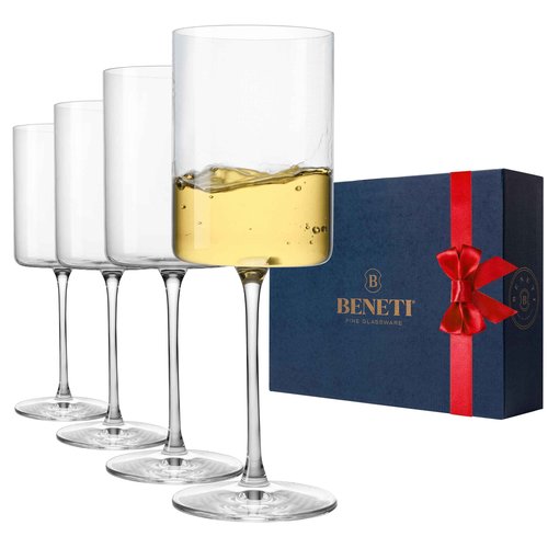 BENETI Square Crystal Wine Glasses Set Of 4 - European-made Handblown 14 oz Gift Packed Glasses - Large White & Red Wine Goblets W/Laser-cut Rim, Dishwasher-safe Clear glass gifts Set