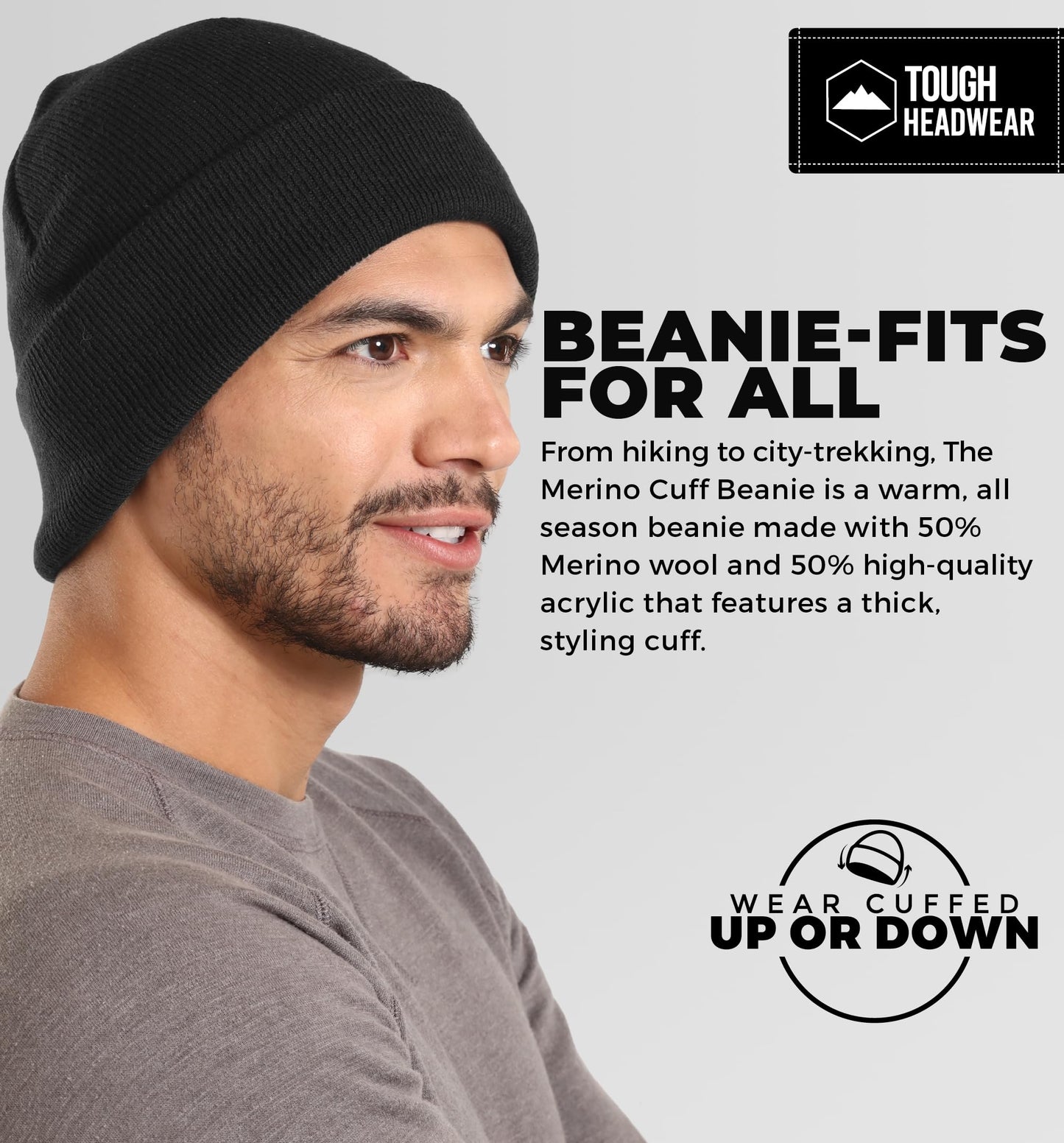 Tough Headwear Winter Beanie Knit Hat for Men & Women - Merino Wool Ribbed Cap - Warm & Soft Stylish Toboggan Skull Caps for Cold Weather - Basic - Black