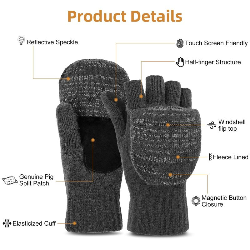 BERGWEISER Flip Winter Gloves, Wool Fingerless Gloves for Women Men Cold Weather, Mittens with Reflective & Magnetic Button Closure for Christmas Gifts