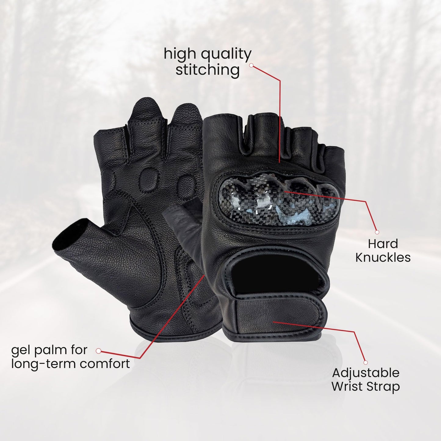 Hugger Fingerless Motorcycle Gloves for Men – Leather Riding Gloves with Knuckle Protection, Breathable Grip Gloves for Driving & Outdoor Use