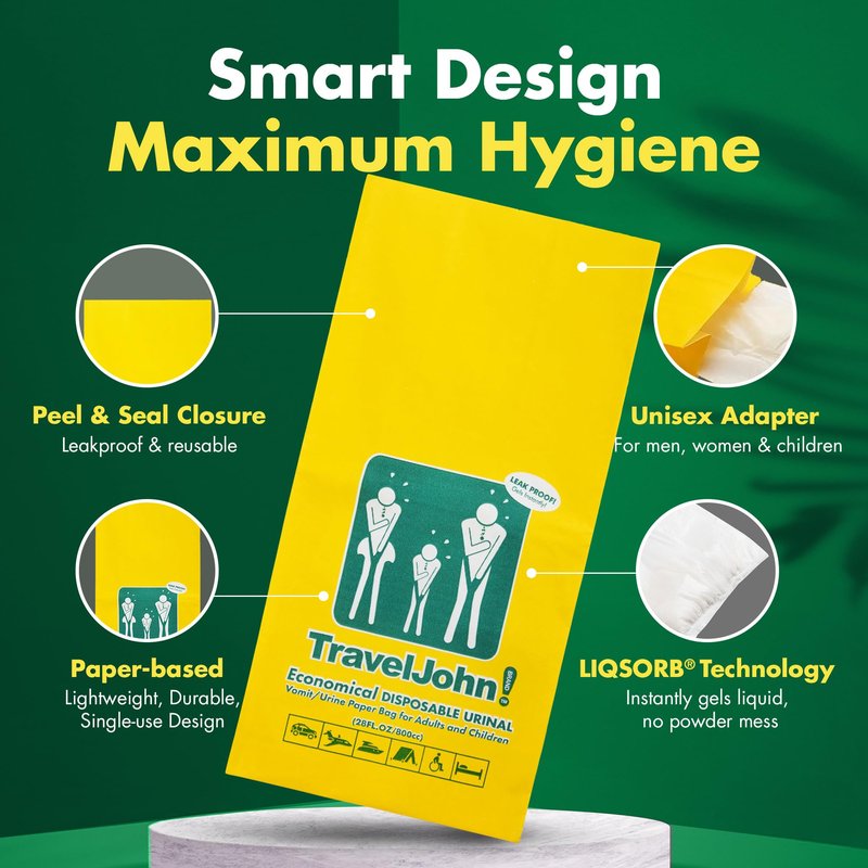 TravelJohn Economical Disposable Urinal – 2-in-1 Design for Vomit/Urine Paper Bag for All Genders & Ages – Disposable Urine Bags for Travel, Emergency, Camping & Car Road Trips – 5 Pack (TJ1P)