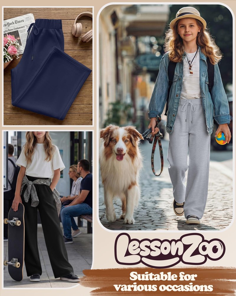 LessonZoo 3 Pack Girls Wide Leg Sweatpants Kids Drawstring High Waist Baggy Pants Teen Athletic Trousers with Pockets(Navy Blue, Light Gray, Black,13-14 Years)