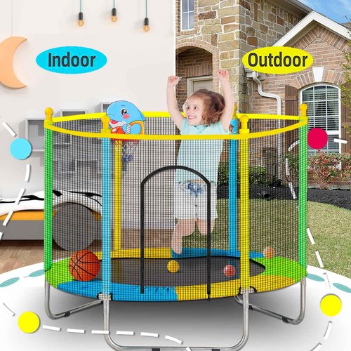 Juoe 5 FT Toddler Trampoline for Kids with Basketball Hoop & Ball, Indoor/Outdoor Rebounder with Enclosure Net, ASTM Approved, Supports Up to 440 lbs，Ideal Gift for Boys & Girls