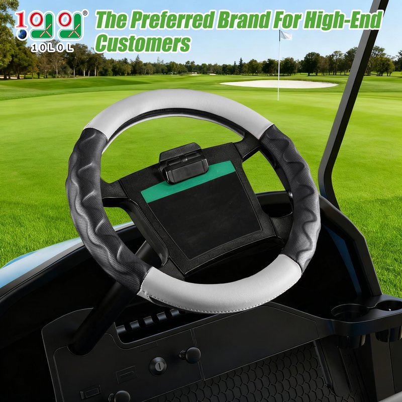 10L0L Golf Cart Steering Wheel Cover 14 inch for Club Car DS Precedent and Yamaha Models, PU Leather Rubber Anti-Slip Grip, Breathable All-Season Protector, Black+Grey