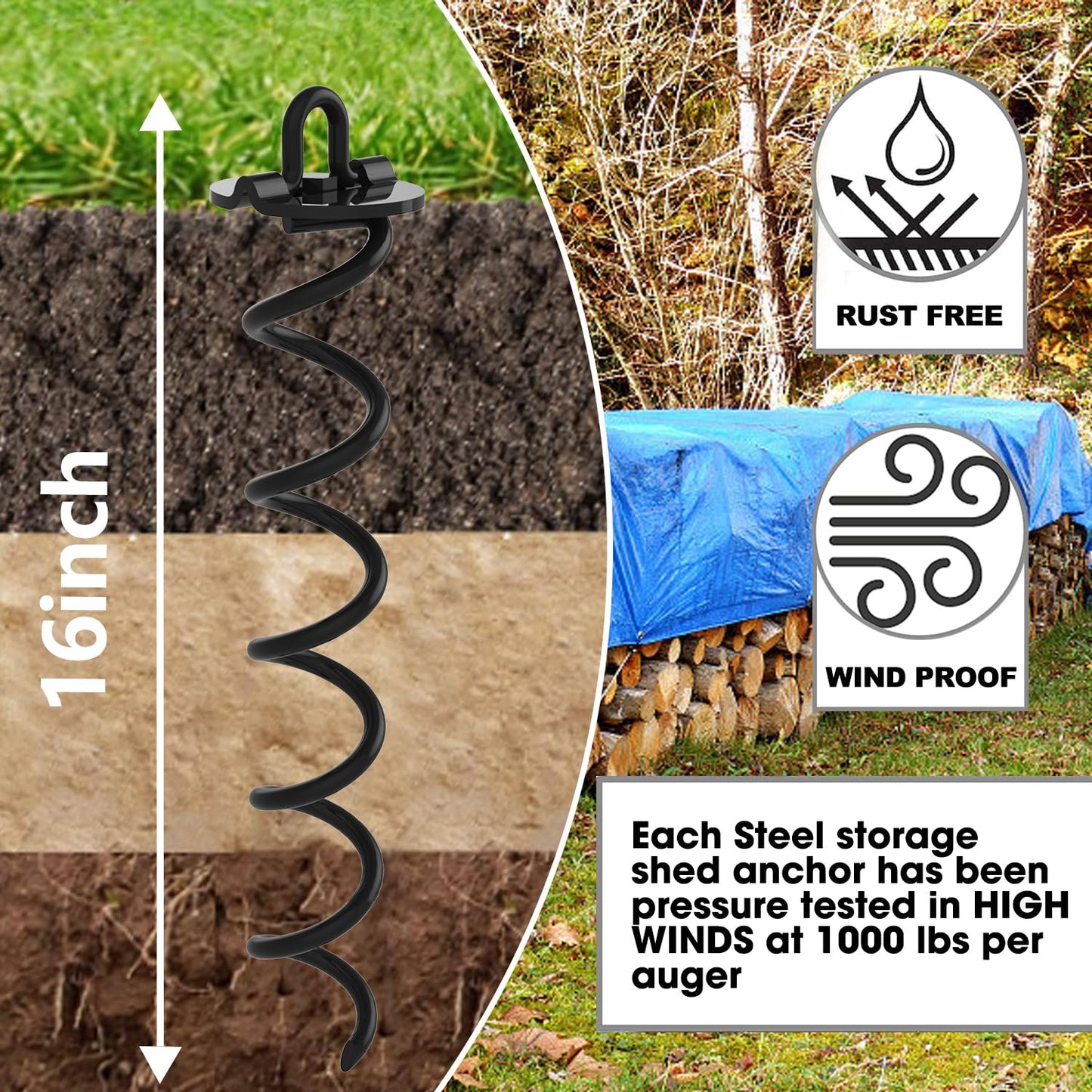 Eurmax USA 4-Pack Spiral Ground Stakes,Anti-Rust High Wind Trampoline Stakes Anchors,Heavy Duty Screw-in Anchor Kit with Tie Down Straps for Dog Tie-Out,Trampoline,Tents,Tarps,Carports and More,Black