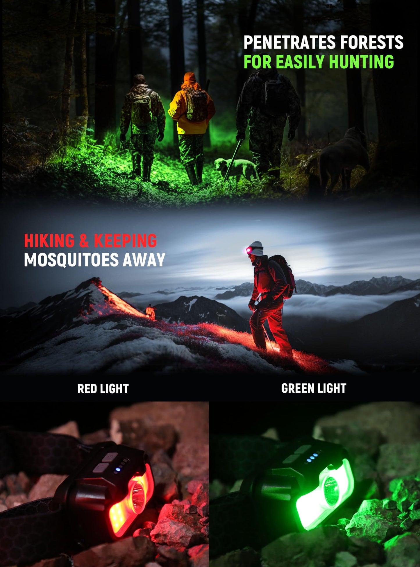 Headlamp Rechargeable, 2 Pack 1300 Lumen Ultra-Light Bright White Red Green Headlamp, 14 Modes Adjustable Waterproof Motion Sensor Headlight for Outdoor Camping Hunting Running Hiking Cycling