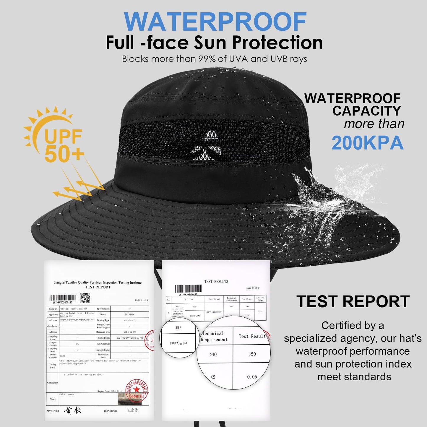 Bucket Sun Hat for Women Wide Brim Breathable Mesh UPF50+ Safari Hat Criss Cross Ponytail Hole Outdoor Rain Hat Black
