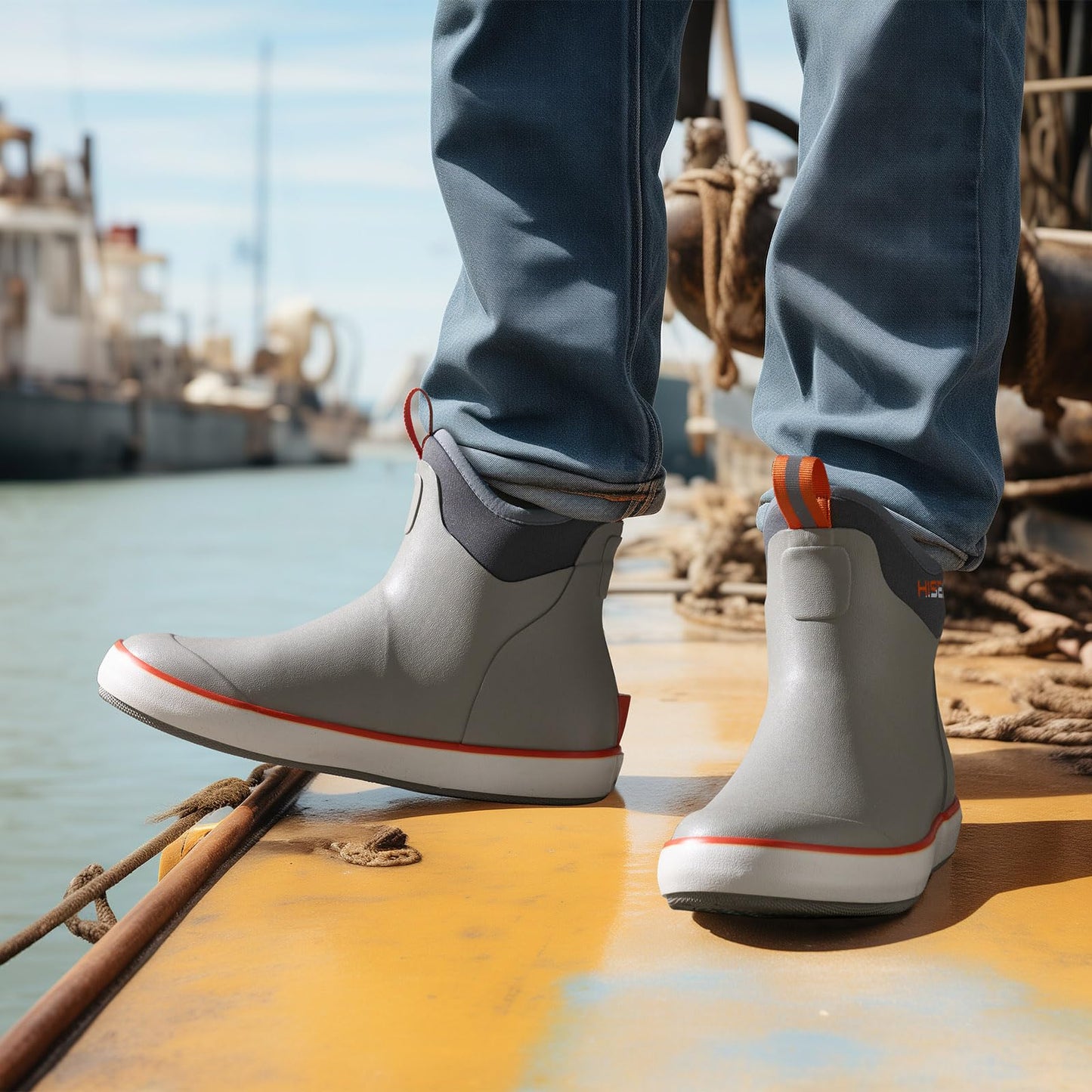 HISEA Men's Deck Boots, Waterproof Ankle Rain Boots, Saltwater Fishing Garden Boots with High Traction, Outdoor Short Rubber Shoes for Boating Sailing Farming Yard Work