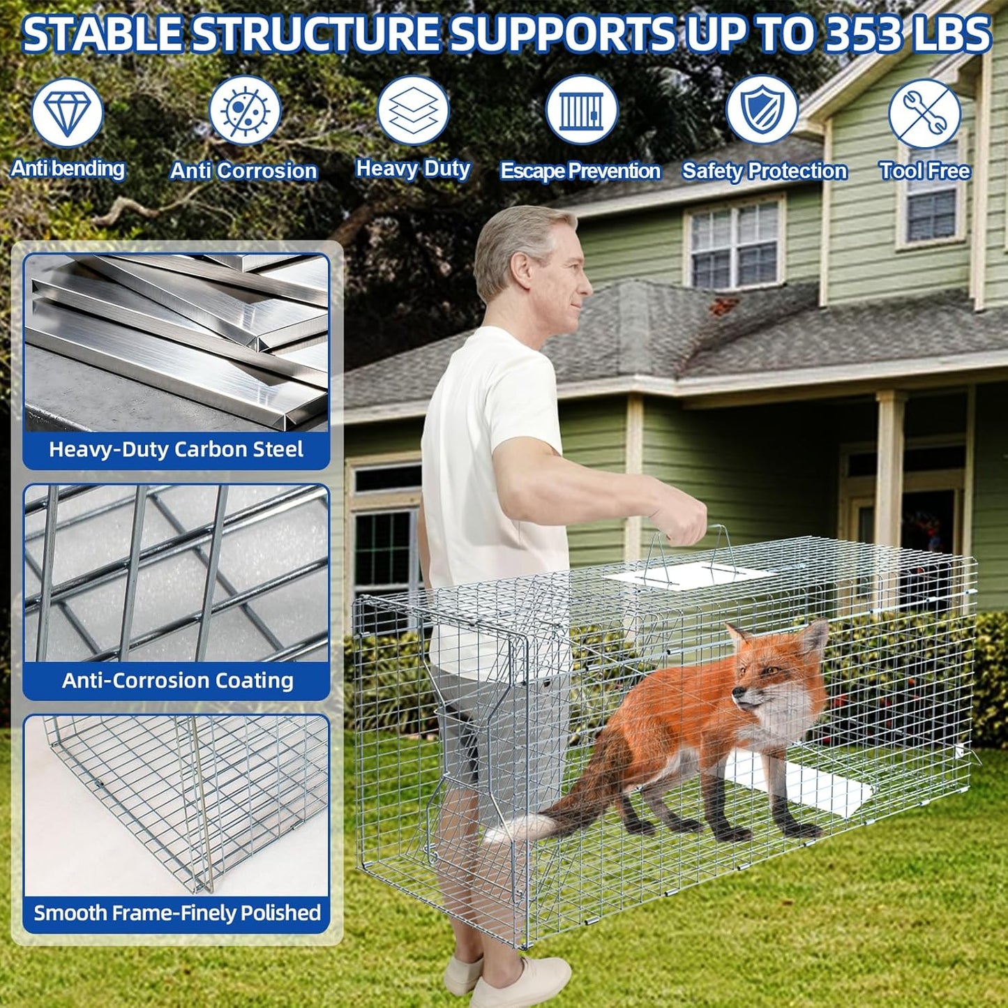 Humane Live Animal Trap Cage - Large Foldable 51.1"x17.4"x18.9" | Powder-Coated Alloy Steel for Raccoon, Fox, Stray Cat & More