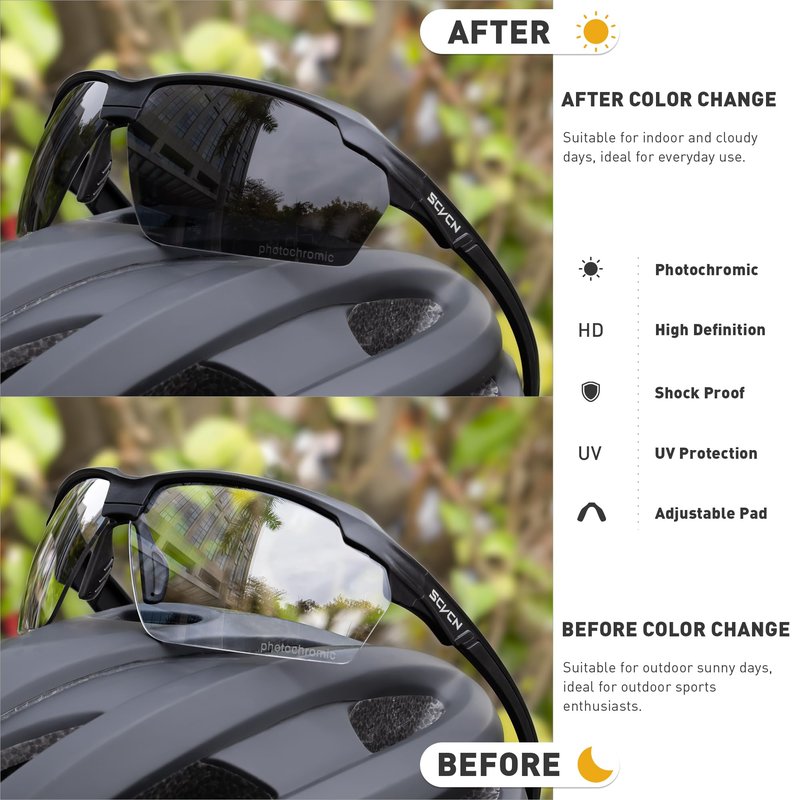 SCVCN Photochromic Sunglasses Sports Cycling Glasses for Men Women Youth Clear Cycling Glasses UV400 Protection Baseball Driving MTB Running Softball 01+06