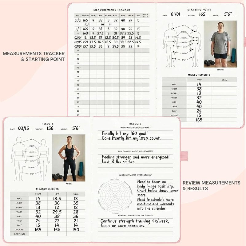 Workout Journal for Men & Women - Fitness & Food Tracker | Undated A5 Leather Hardcover (Rose Gold)