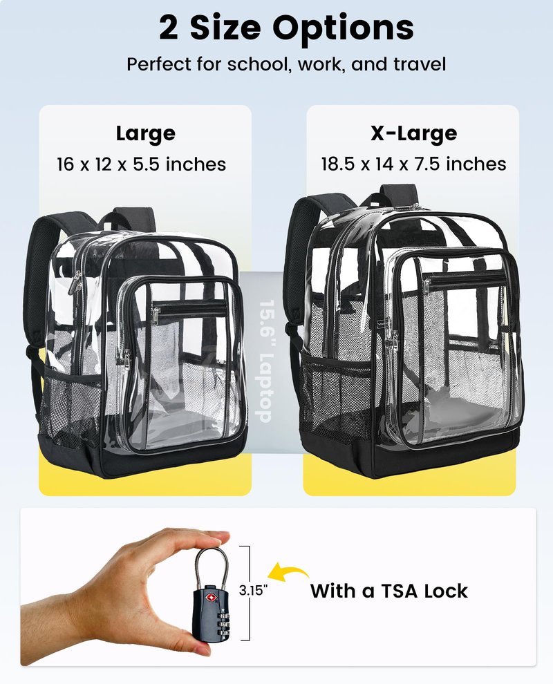 Vorspack Clear Backpack Heavy Duty - Extra Large Clear Backpacks with TSA Lock Transparent See Through Bookbag for College, Work, Travel - Black