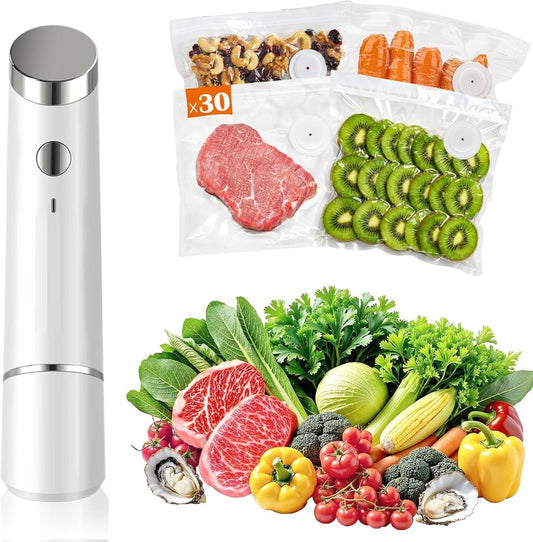 Portable Vacuum Sealer - Handheld Food Saver with 30 Reusable Bags | 60kPa Compact Design for Freezer & Microwave