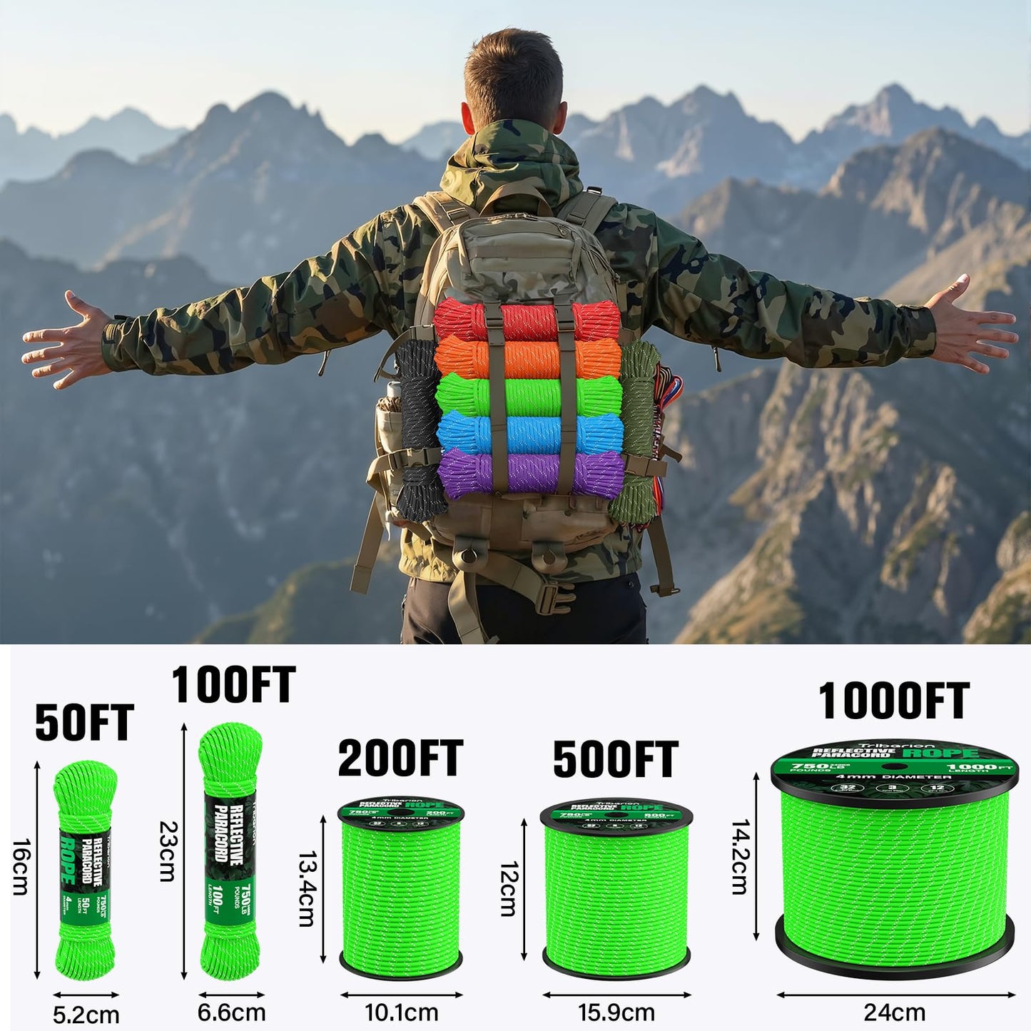 TRIBERION Reflective Paracord Rope 750 lb - 1000ft 5/32" Parachute Cord 4MM 12-Strand para Cord - Heavy Duty Spool String for Survival,Camping Gear, Survival Bracelet, Clothesline - Neon Green