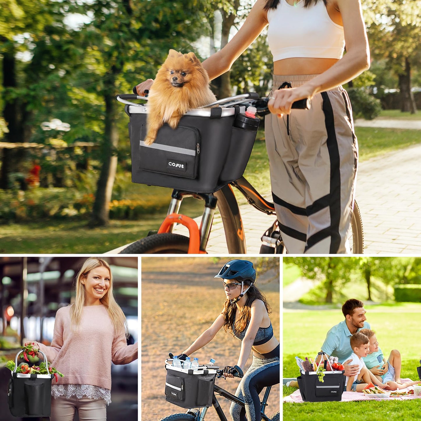 COFIT Detachable Bike Basket Front, Foldable Bicycle Dog Carrier for Small Pet, Shopping, Commuting, Camping and Outdoor Cargo Bag with Side Pouches, Black