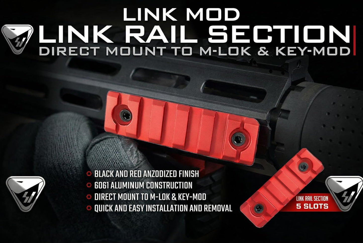 GOTICAL M-LOK 5 Slots Picatinny Rail Section - CNC Machined Aluminum, Anodized Red | 2 Pack with Screws & Nuts