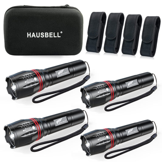 HAUSBELL T8 Upgraded LED Flashlight Bright, Zoomable Tactical LED Flashlights Flash Light with High Lumens and 5 Modes and Camping Accessories（4Pack）…