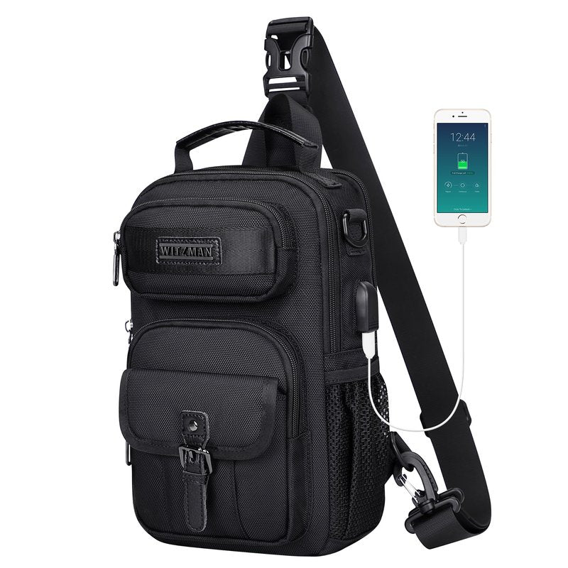 WITZMAN Sling Bag for Men Convertible Travel Sling Backpack USB Charging Port Lightweight Crossbody Bags Casual Daypack（B698 Black）