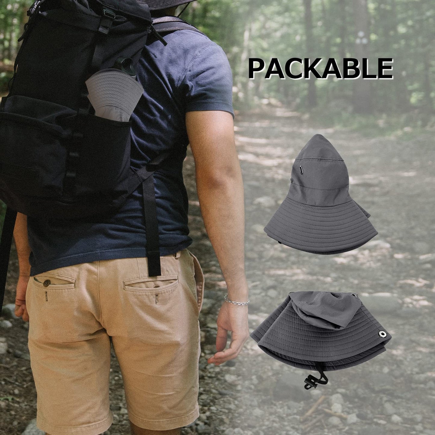 Surblue Boonie Sun Hat Wide Brim Fishing Hat with String UPF 50+ UV Protection Safari Cap Portable Bucket Hat for Men Women, Grey